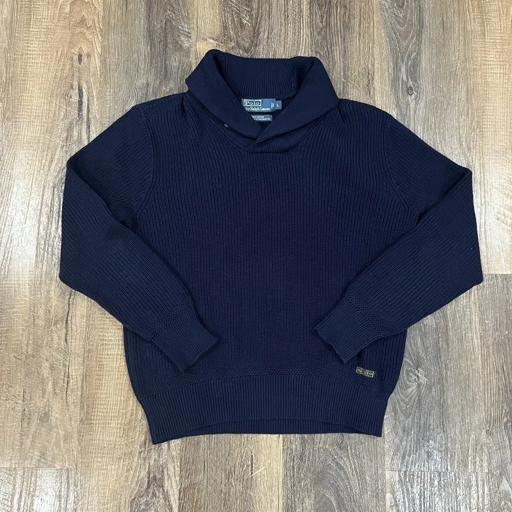 Polo Ralph Lauren Shawl Collar Sweater Mens Large Cotton Knit Navy Blue